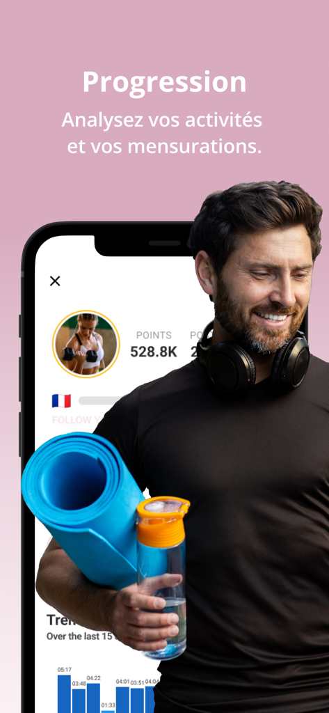 Hora - A man holding a yoga mat and water bottle next to the Hora app progression screen showing activity data