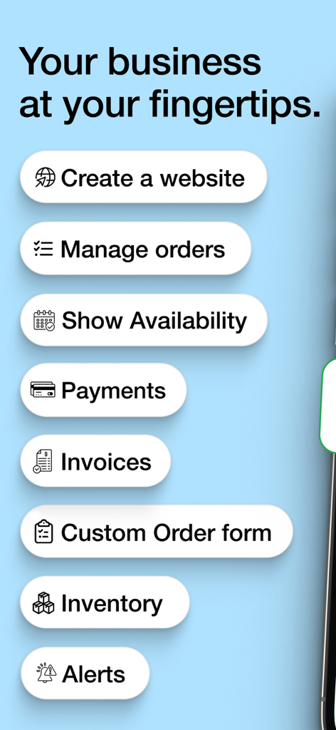 Écran de l'application Bakesy montrant une liste de fonctionnalités de gestion d'entreprise pour les boulangers à domicile, y compris la création de site web et la gestion des commandes.