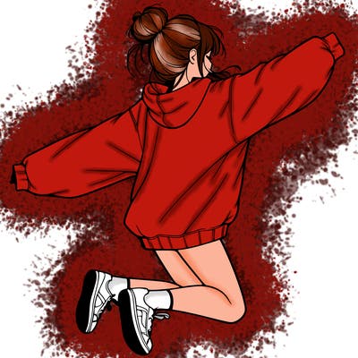 realistic girl jumping with a bun and oversized sweatshirt