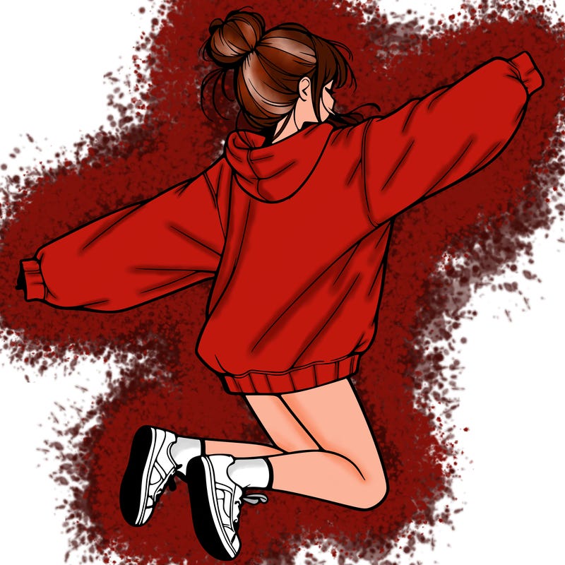 realistic girl jumping with a bun and oversized sweatshirt