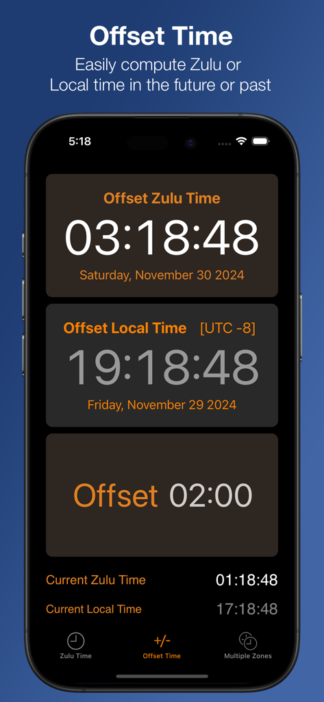 Interfaz de la aplicación Zulu Time que muestra la función de Desfase Horario para calcular la hora UTC y local en el futuro o pasado