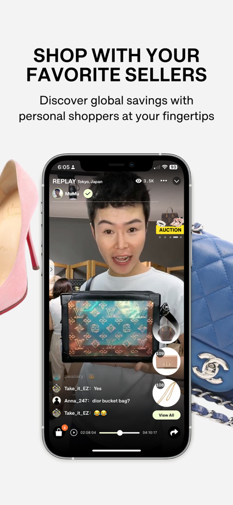 ShopShops: Designer Deals Live - ShopShops app livestream interface showing a host presenting a designer Louis Vuitton handbag to viewers