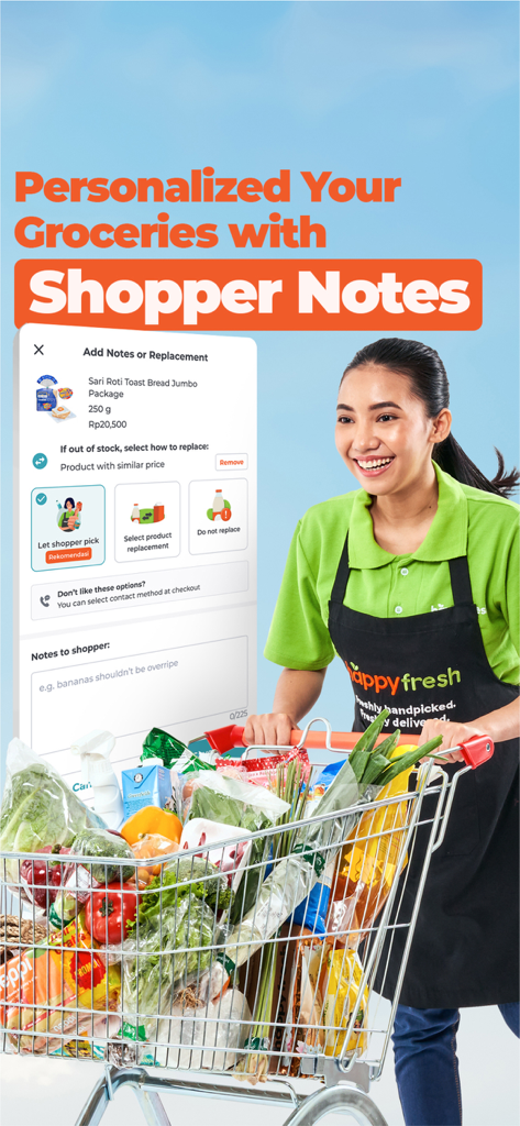 HappyFresh - Grocery Delivery - HappyFresh personal shopper with a grocery cart and app interface for personalized shopper notes.