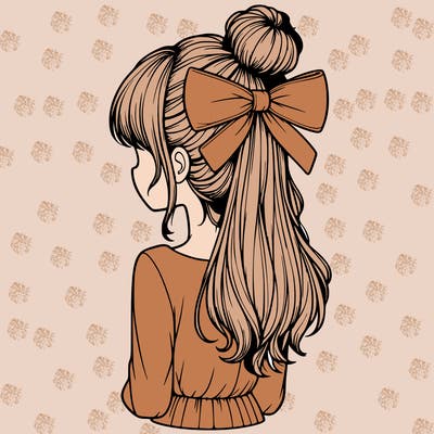realistic girl  with hip length hair a bun and a big bow on the back of head