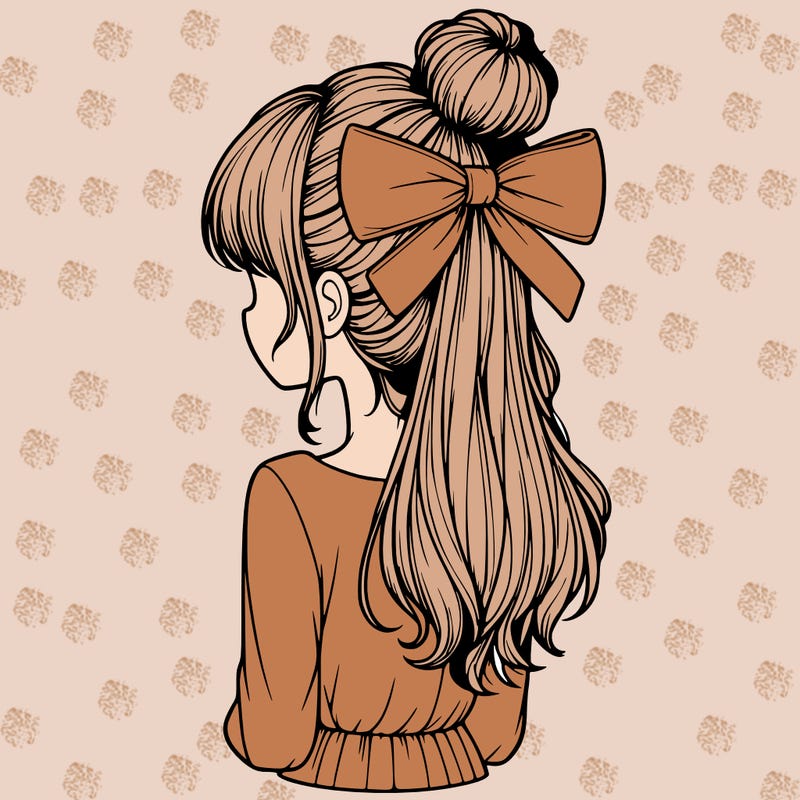 realistic girl  with hip length hair a bun and a big bow on the back of head