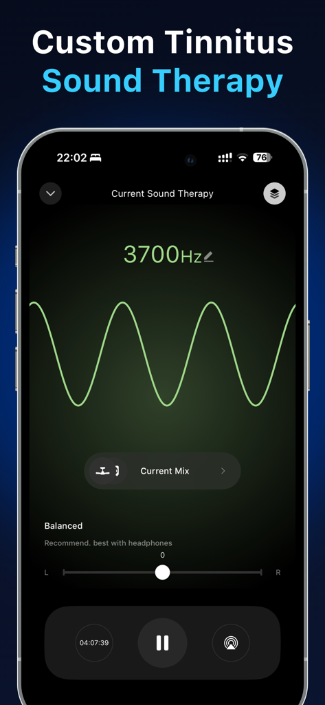 TinniSound: Tinnitus Relief - TinniSound app interface showing custom sound therapy at 3700Hz with ear balance control