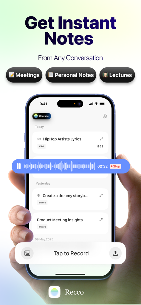 Recco: AI Note Taker - Interface of the Recco AI Note Taker app showing recording categories for meetings and lectures