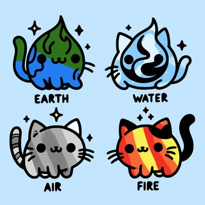 4 cats that represent the different elements, earth, water, air, and fire