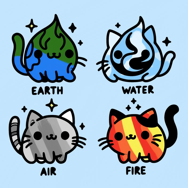 4 cats that represent the different elements, earth, water, air, and fire