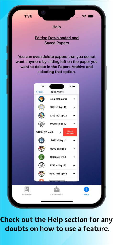 Tela de ajuda do aplicativo A+Papers mostrando como excluir provas salvas do exame IGCSE deslizando para a esquerda.