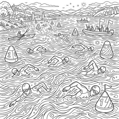 Immerse yourself in the exciting world of open water swimming with this dynamic coloring page, perfect for teens. Featuring athletes, race elements, and a scenic backdrop, it promises hours of creative fun.