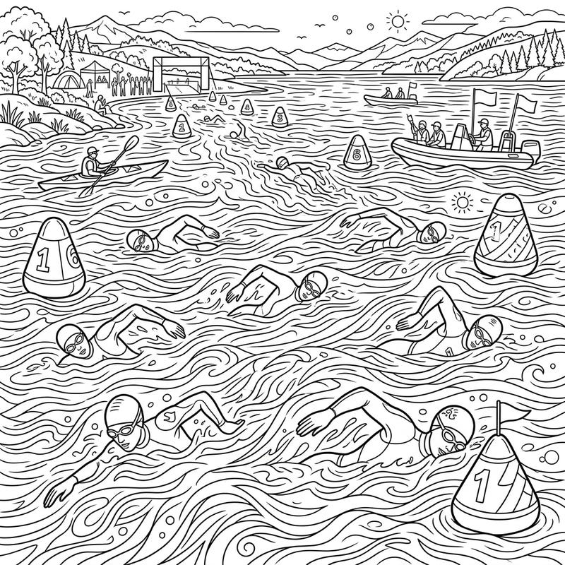 Immerse yourself in the exciting world of open water swimming with this dynamic coloring page, perfect for teens. Featuring athletes, race elements, and a scenic backdrop, it promises hours of creative fun.