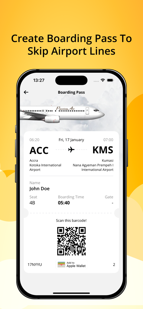 PassionAir - A digital boarding pass displayed on the PassionAir mobile app for a flight from Accra to Kumasi including a QR code and flight details.