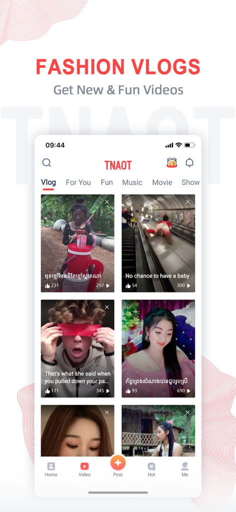 TNAOT - Khmer Content Platform - TNAOT app interface showing a feed of trending fashion vlogs and short videos for the Khmer community.