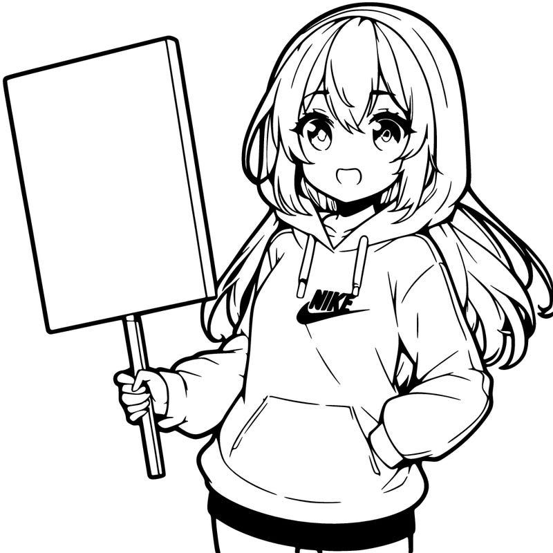 anime girl wearing a hoodie and nikes holding a blank sign