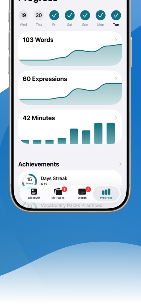 Dashboard dell'app Impara il Ceco con LENGO che mostra statistiche sui progressi dell'utente per parole, espressioni e tempo di studio