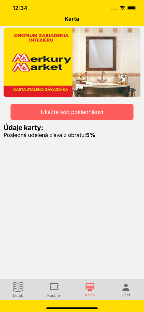 Merkury Market SK - Pantalla de la aplicación Merkury Market SK que muestra una tarjeta de fidelidad digital y un descuento del 5% para clientes habituales