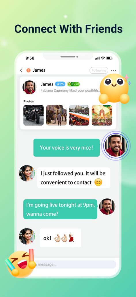 Hapi-Group Voice Chat - Chat interface in Hapi app showing direct messages and user profiles for connecting with friends