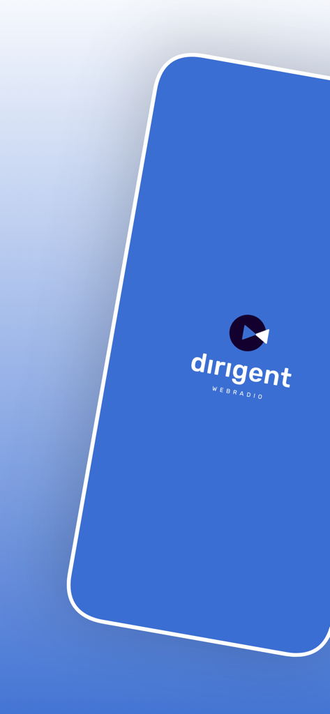 Pantalla de presentación de la aplicación Dirigent Webradio con el logo sobre un fondo azul limpio.