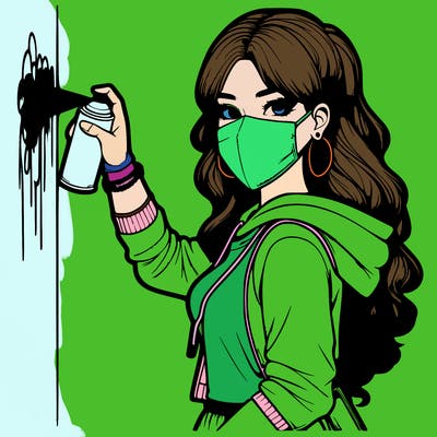 realistic girl with mask spray painting a wall