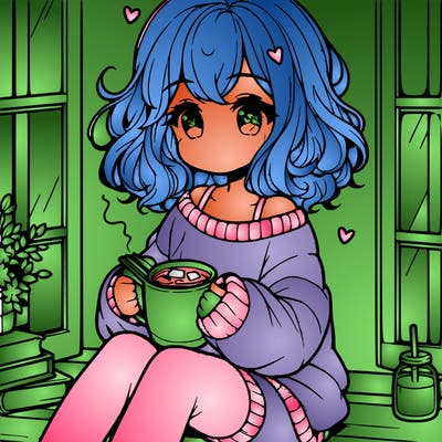 cute anime girl reading book and drinking hot chocolate from mug with loose wavy hair wearing a baggy sweatshirt and shorts sitting by windowsill looking out