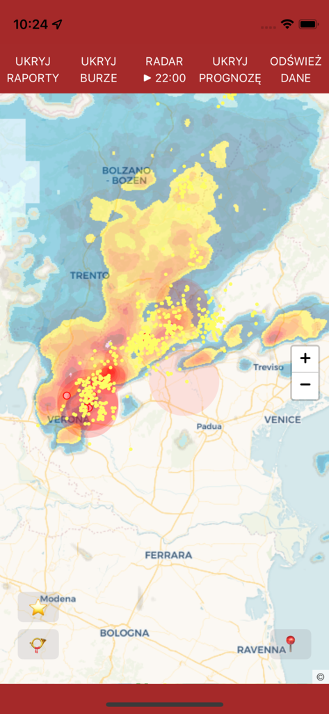 Monitor Burz app displaying a real-time storm radar map with lightning strikes.