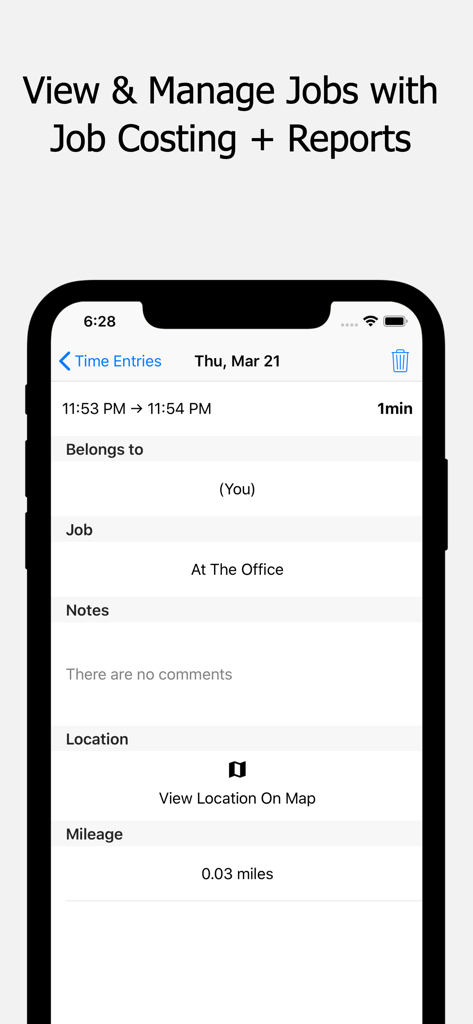 Timeero mobile app screen showing a detailed time entry with job information mileage and location tracking