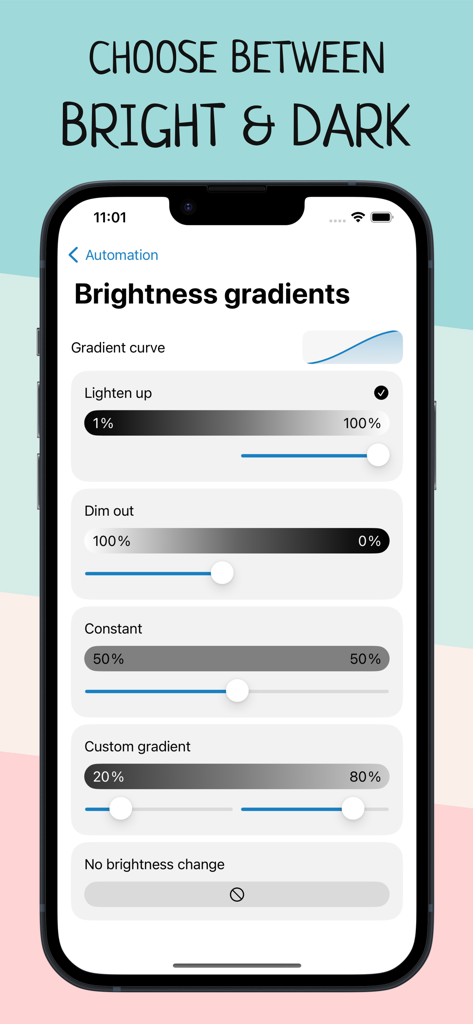 Wake Up Light – Sunrise Alarm - Interface montrant les options de dégradé de luminosité pour l'automatisation des lumières de la maison intelligente