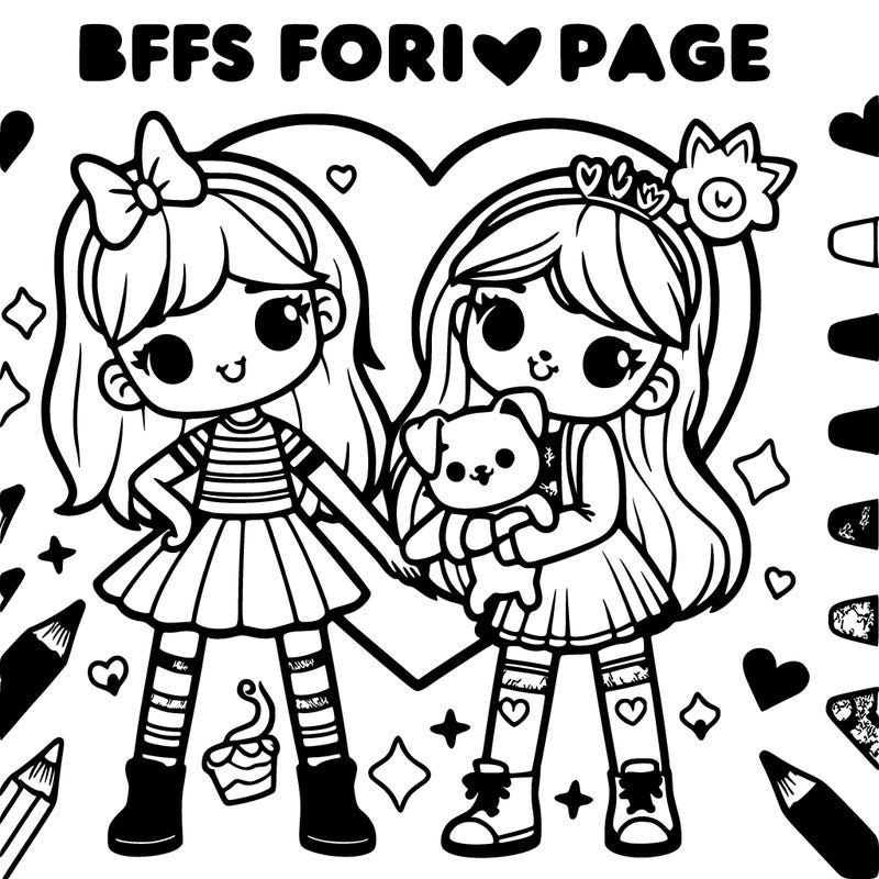 two sisters one a bit taller then the other sister and also holding a cat and the other sister is holding a dog and above the sisters there’s a big heart that says bffs for ever