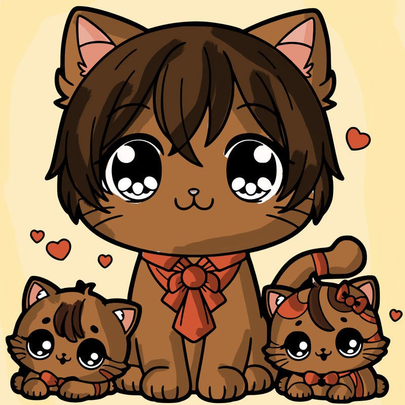cute cat with baby cats anime