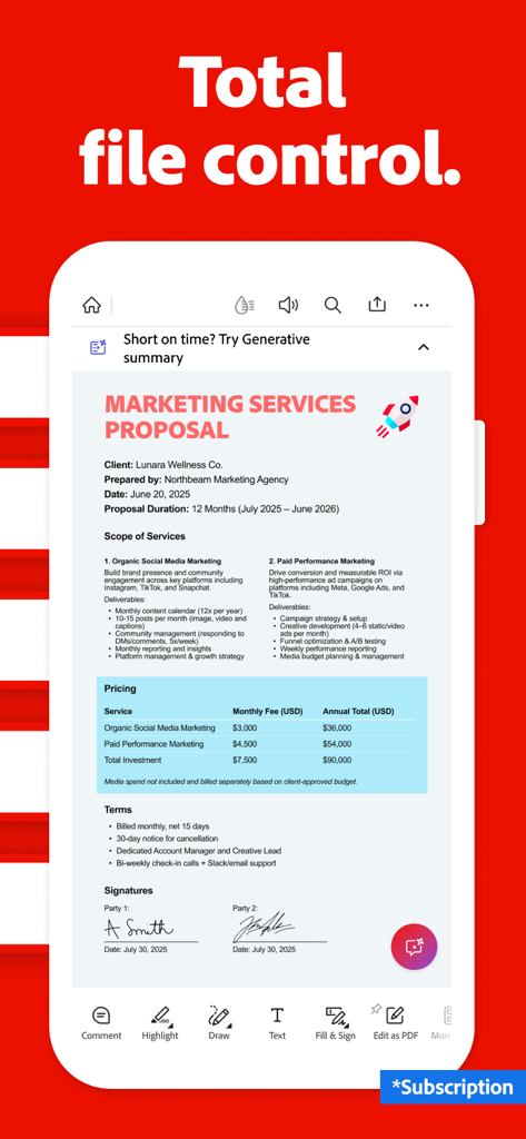 Adobe Acrobat Reader 모바일 앱이 편집 도구 및 AI 도우미 기능이 있는 PDF 마케팅 제안서를 보여줌