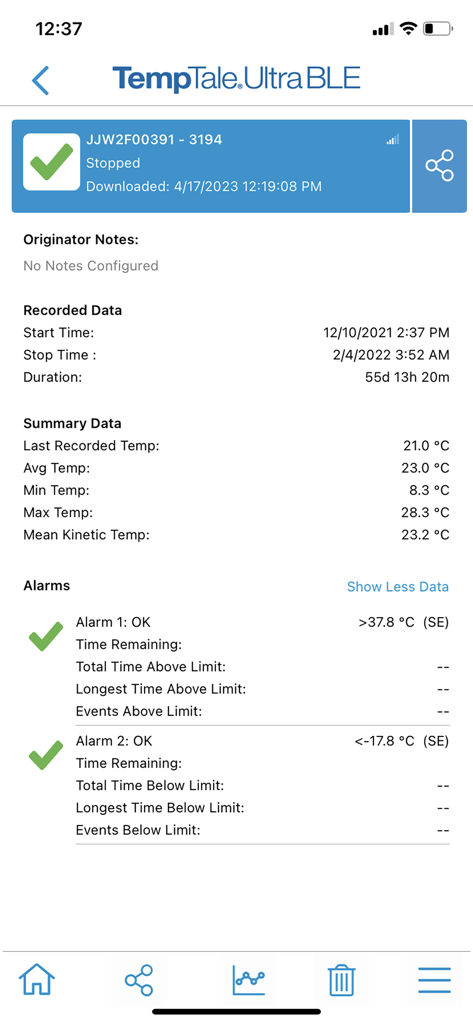 TempTale App - Temperature summary report in the TempTale App showing alarm status and recorded data