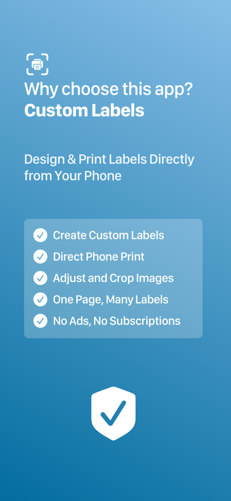A screen showing the features of Label Pics plus including custom labels and direct phone printing