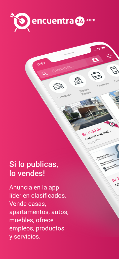 Encuentra24.com - Encuentra24 앱 인터페이스, 핑크 배경에 차량, 부동산, 일자리 마켓플레이스 카테고리 표시.