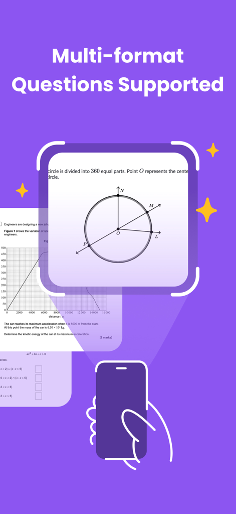 Sovi.AI - AI Math Tutor - Smartphone scanning diverse homework problems like geometry and graphs for AI help