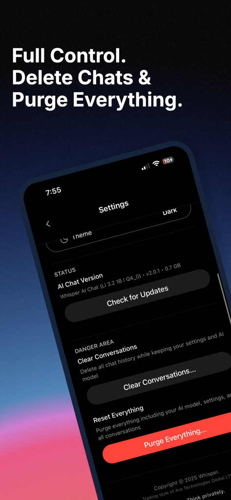 A mobile interface showing privacy settings in Whisper AI including a red button to purge all data and conversations.