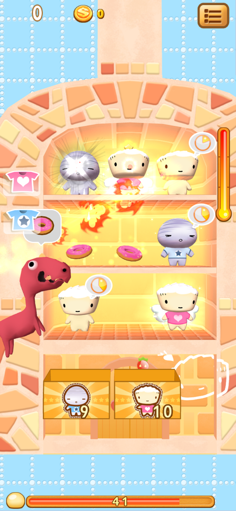 Cake5 - Gameplay screen of Cake5 showing cute character cakes being sorted into boxes