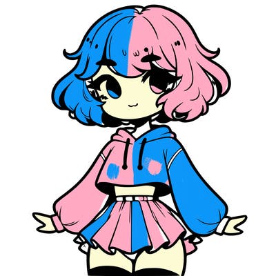 cute femboy with short, fluffy hair that softly frames their face, wearing a cropped hoodie, paired with a flouncy short skirt, and thigh-high stockings