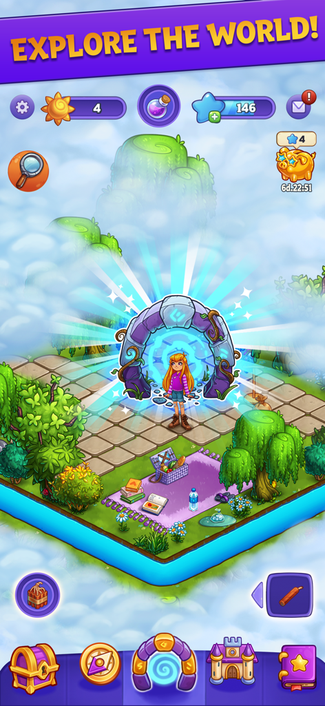 Die Protagonistin Sophie steht vor einem leuchtenden magischen Portal in einem Fantasiegarten