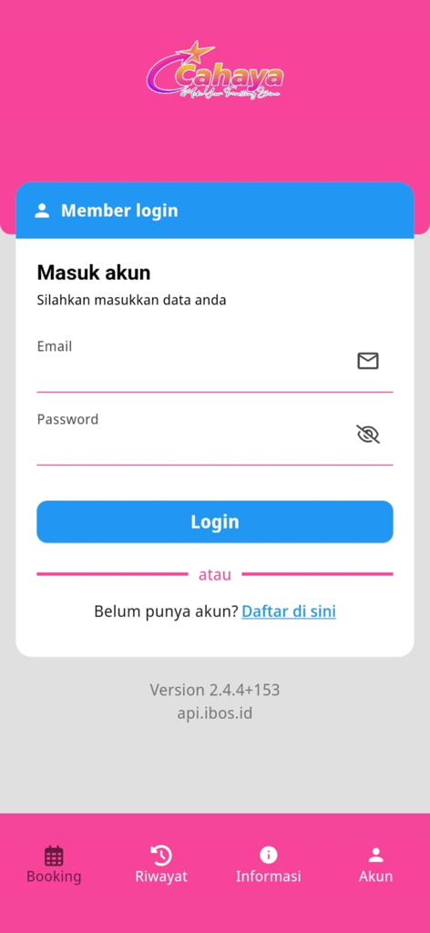 Cahaya Shuttle - Cahaya Shuttle mobile app login interface showing member sign in fields for email and password