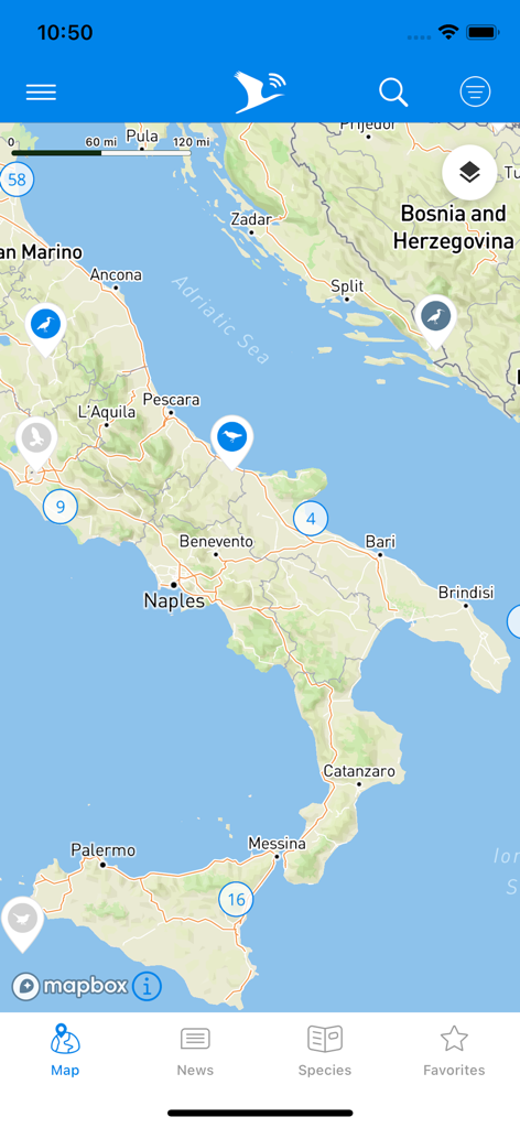 Animal Tracker - Map interface of the Animal Tracker app showing real-time wildlife tracking locations in Italy.