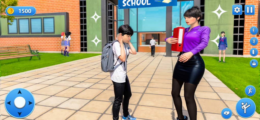 High School Teacher Life Sim - A female teacher in a purple blouse holding a red folder while talking to a student in front of a school building.