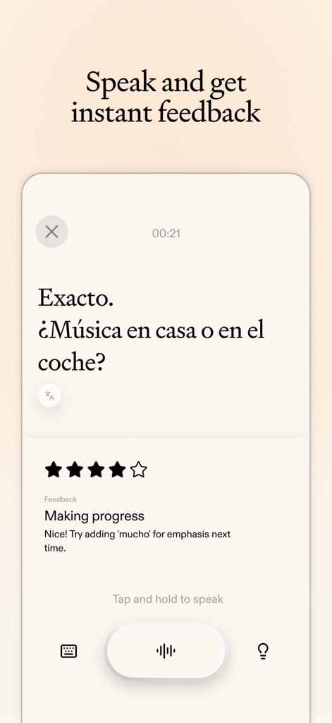 Amble - Language & Culture - Amble app interface showing a Spanish speaking exercise with instant feedback and a progress rating.