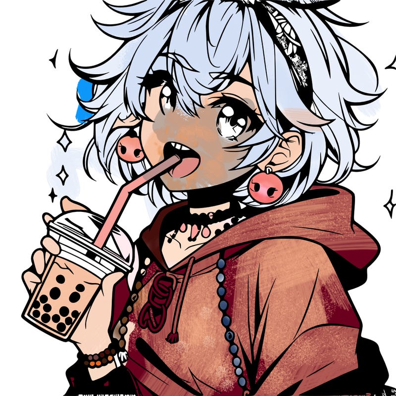 hot baddie anime girl drinking boba and biting the straw