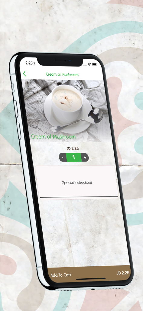 Interface do aplicativo Ward Restaurants mostrando um item do menu de sopa Creme de Cogumelos com preço e opções de adicionar ao carrinho