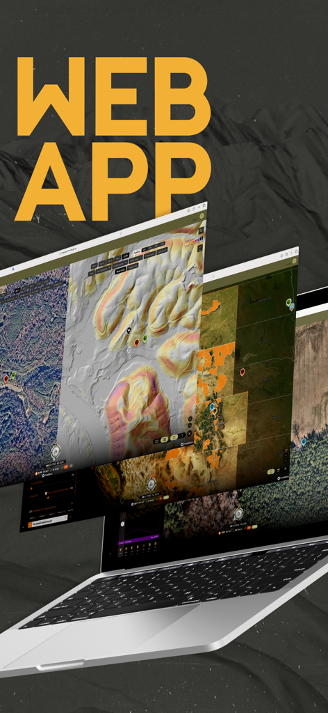 Spartan Forge Hunt web app interface showing LiDAR and satellite maps on a laptop screen