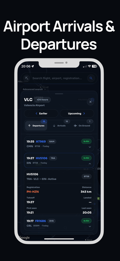 Flight Tracker: Live Air Radar - Schermata dell'app mobile che visualizza arrivi e partenze aeroportuali in tempo reale per l'aeroporto di Valencia in modalità scura.