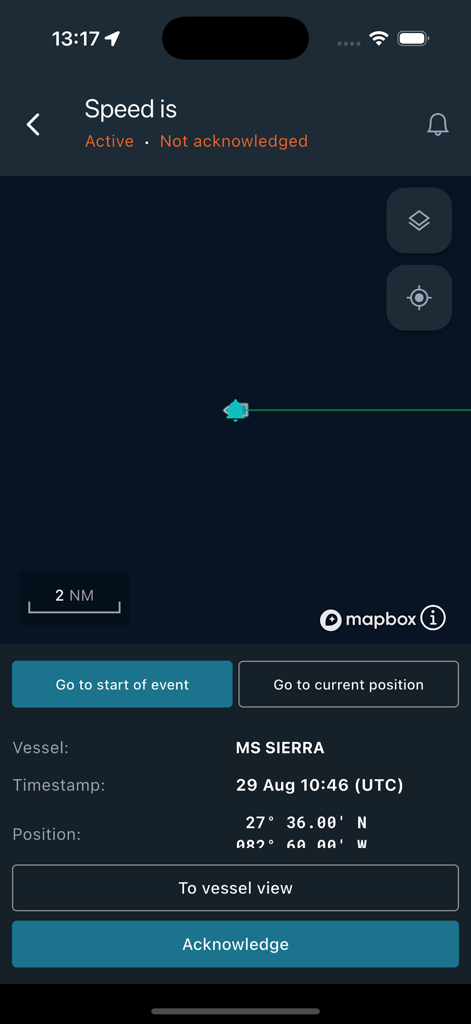 NAVTOR NavFleet - NAVTOR NavFleet mobile Benutzeroberfläche, die eine Geschwindigkeitswarnung und Verfolgung für das Schiff MS SIERRA mit nautischer Karte und Koordinatendaten zeigt