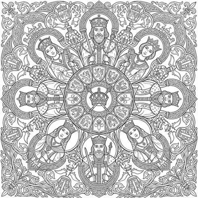 Journey back to the age of chivalry and royalty with this stunning Medieval Monarchs Mandala coloring page. Featuring intricately detailed kings and queens, this symmetrical design offers a majestic and engaging coloring experience for all ages.