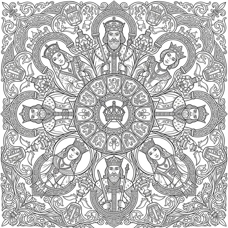 Journey back to the age of chivalry and royalty with this stunning Medieval Monarchs Mandala coloring page. Featuring intricately detailed kings and queens, this symmetrical design offers a majestic and engaging coloring experience for all ages.